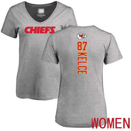 Women Football Kansas City Chiefs #87 Kelce Travis Ash Backer V-Neck T-Shirt